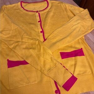 Vibrant Yellow Cardigan with Pink Accents cashmere acrylic blend